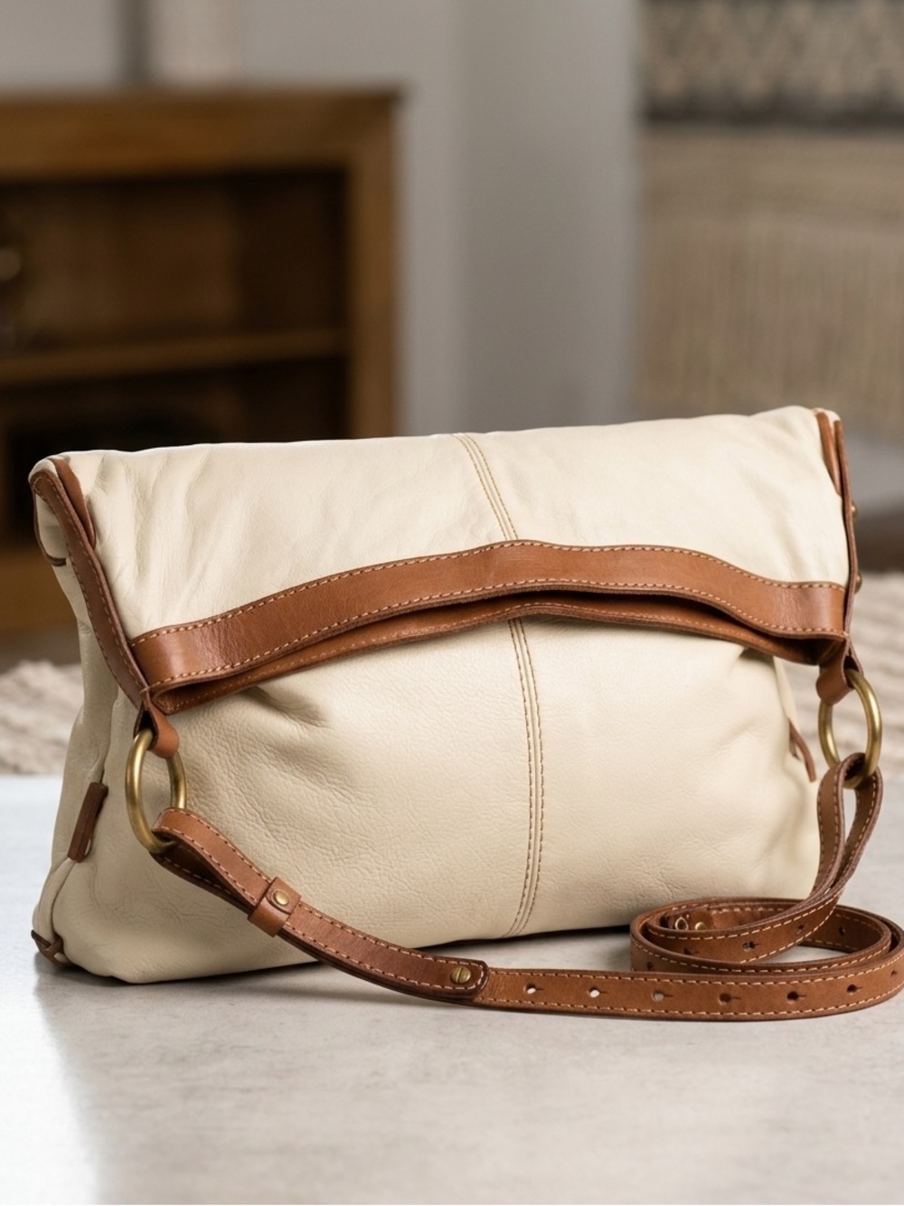 Lucky Brand Leather Crossbody Large Fold over Bag in Cream with Brown Trim‎ -